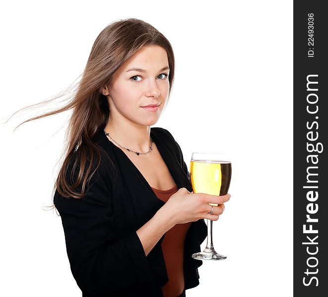 Woman with glass of cider in hand isolated on white