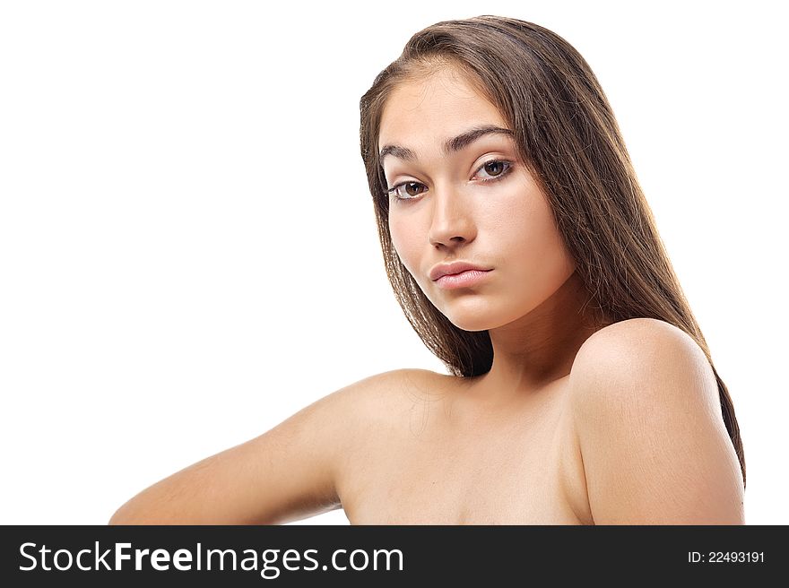 Portrait of beautiful young woman. Isolated over white