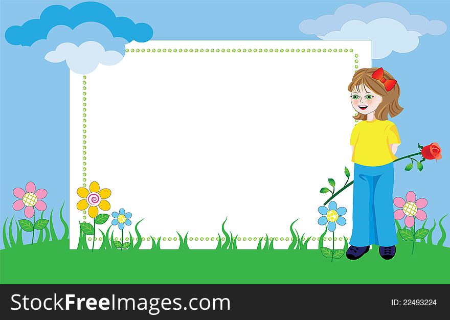 Photo frame with agirl holding a rose in the garden. Photo frame with agirl holding a rose in the garden.