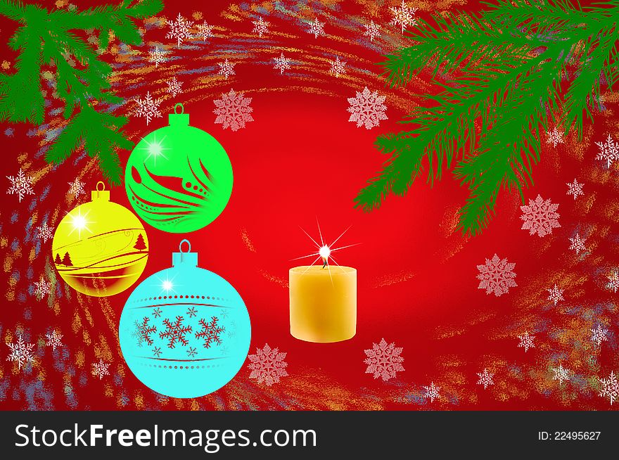 Red; yellow;green; balls, cone spruce, ice and sprigs to decorate and candles burning for Christmas, against  background. Red; yellow;green; balls, cone spruce, ice and sprigs to decorate and candles burning for Christmas, against  background