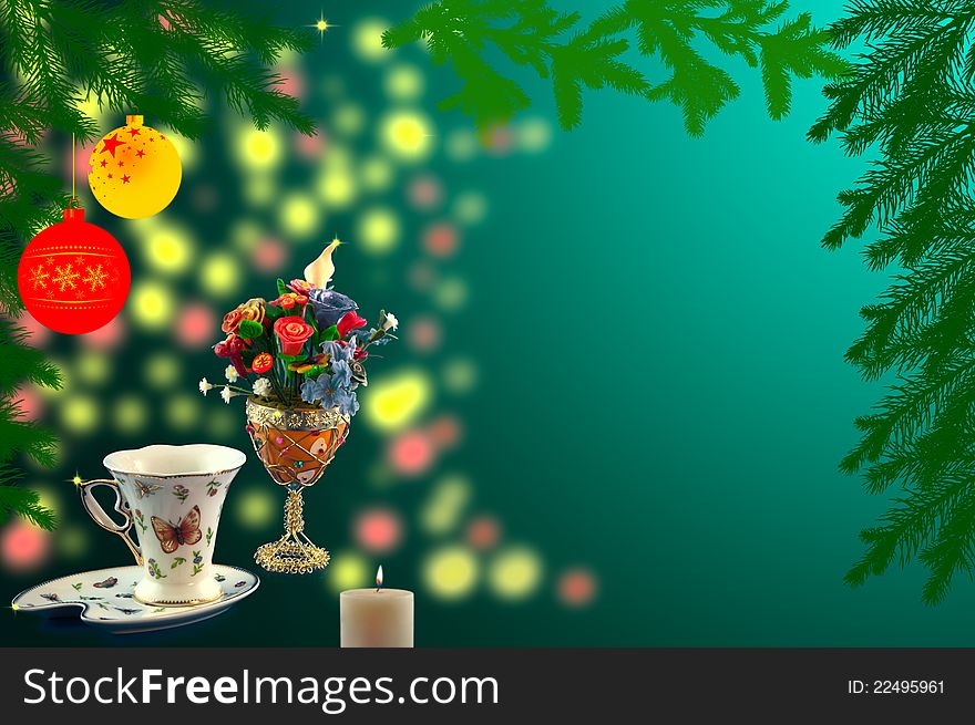Red; yellow; balls, cone spruce, ice and sprigs to decorate and candles burning for New Year, against  background. Red; yellow; balls, cone spruce, ice and sprigs to decorate and candles burning for New Year, against  background