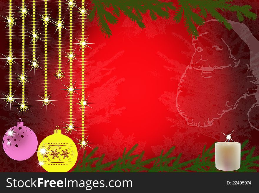 Red; yellow;balls, cone spruce, ice and sprigs to decorate and candles burning for Christmas, against  background. Red; yellow;balls, cone spruce, ice and sprigs to decorate and candles burning for Christmas, against  background