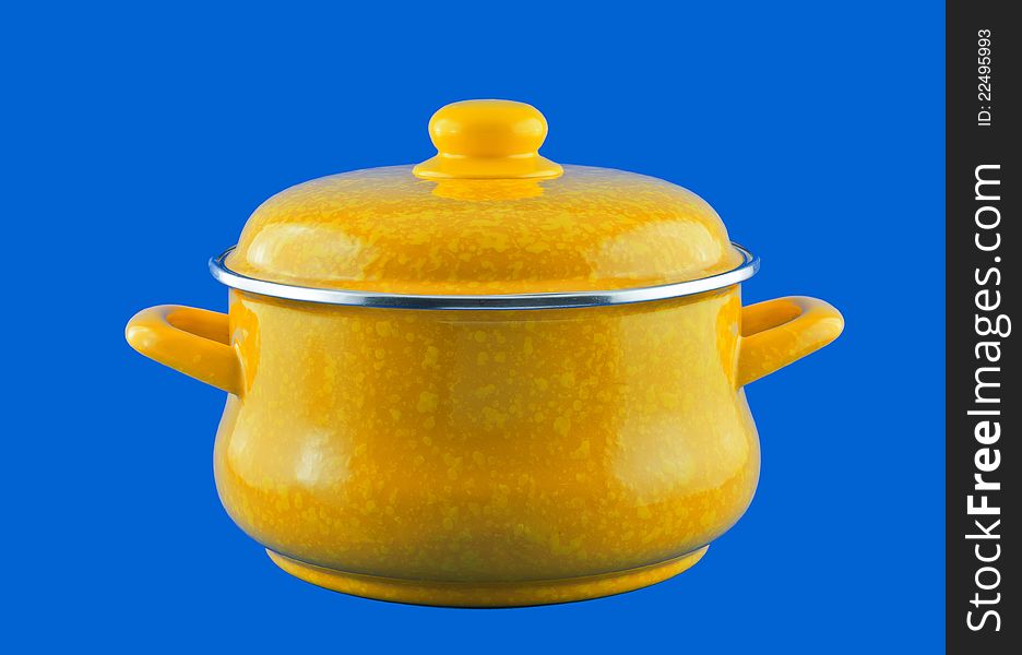 Kitchen utensils, pots Yellow,  against a blue background. Kitchen utensils, pots Yellow,  against a blue background