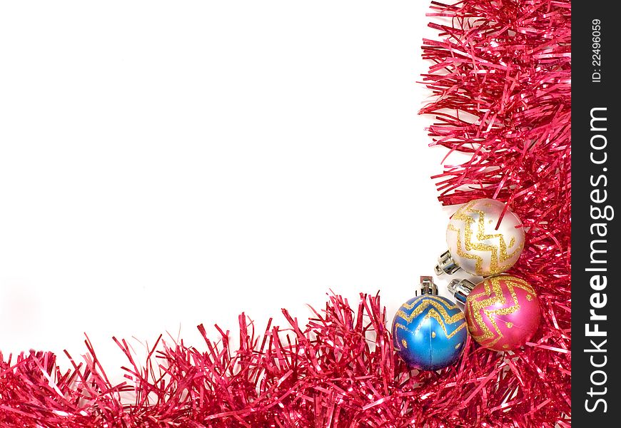 Multicolored christmas balls and red decoration on white background. Multicolored christmas balls and red decoration on white background.