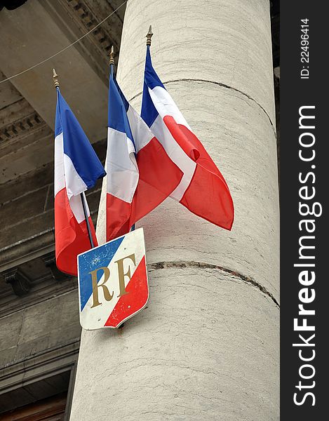French flags adorn a public building
