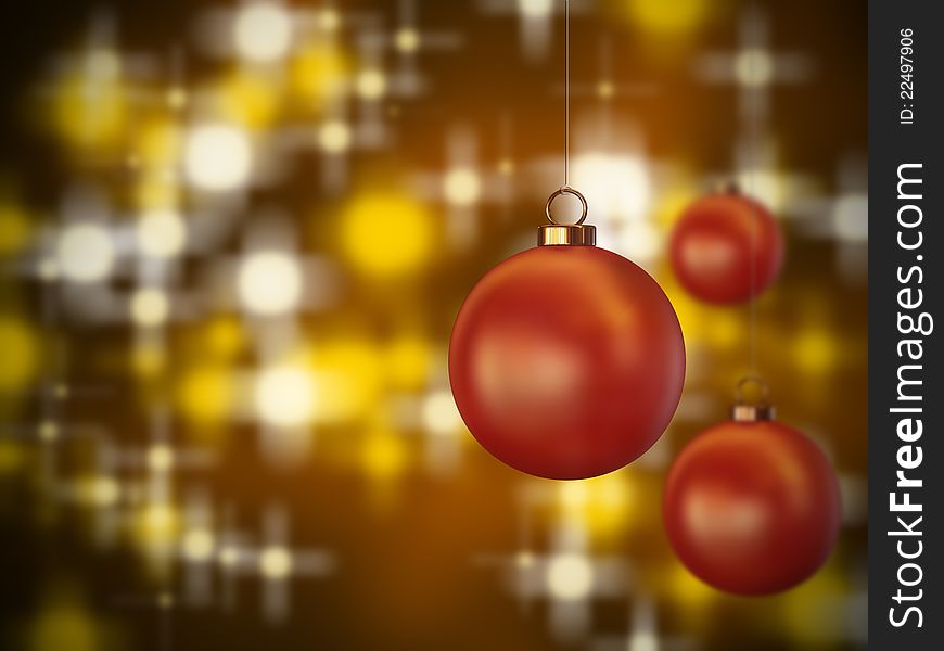 3 red christmas spheres hanging on a lit background. 3 red christmas spheres hanging on a lit background