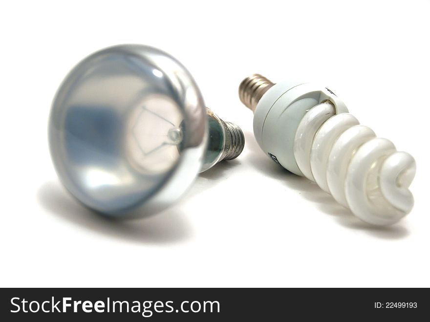 Two light bulbs on white background