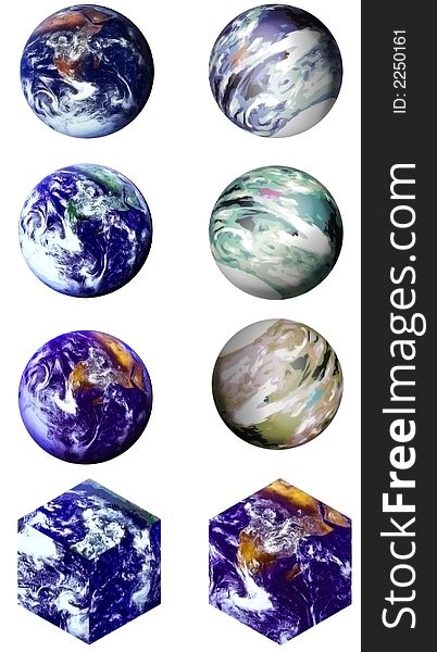 Choose from eight different renderings of the world -- six round and two square, isolated on white for easy cut & paste. Choose from eight different renderings of the world -- six round and two square, isolated on white for easy cut & paste.