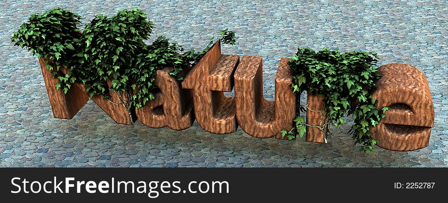 A carved wooden logo of nature is overgrown with cute green ivy, background of cobblestones. A carved wooden logo of nature is overgrown with cute green ivy, background of cobblestones.