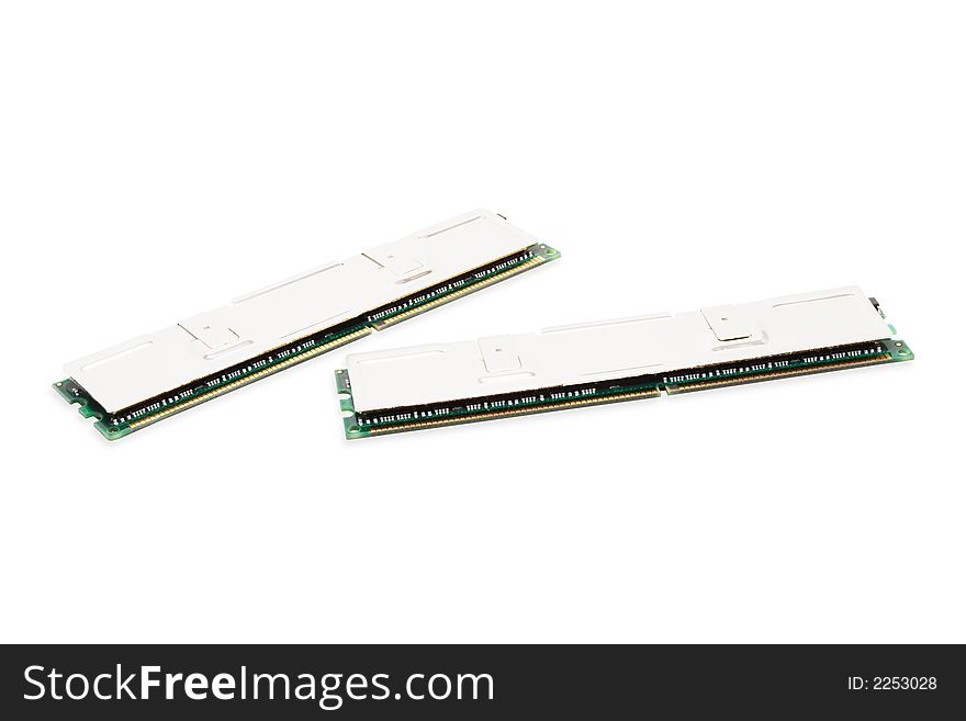 Pair modules of computer memory on a white background with pretty shadows. Pair modules of computer memory on a white background with pretty shadows