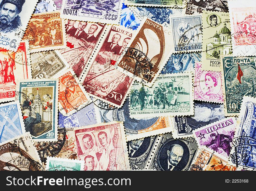 Shot of the random collection of soviet postal stamps (1920-1980s)