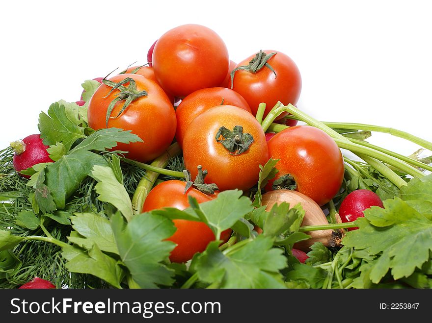 Tomatoes and parsley isolated on white background