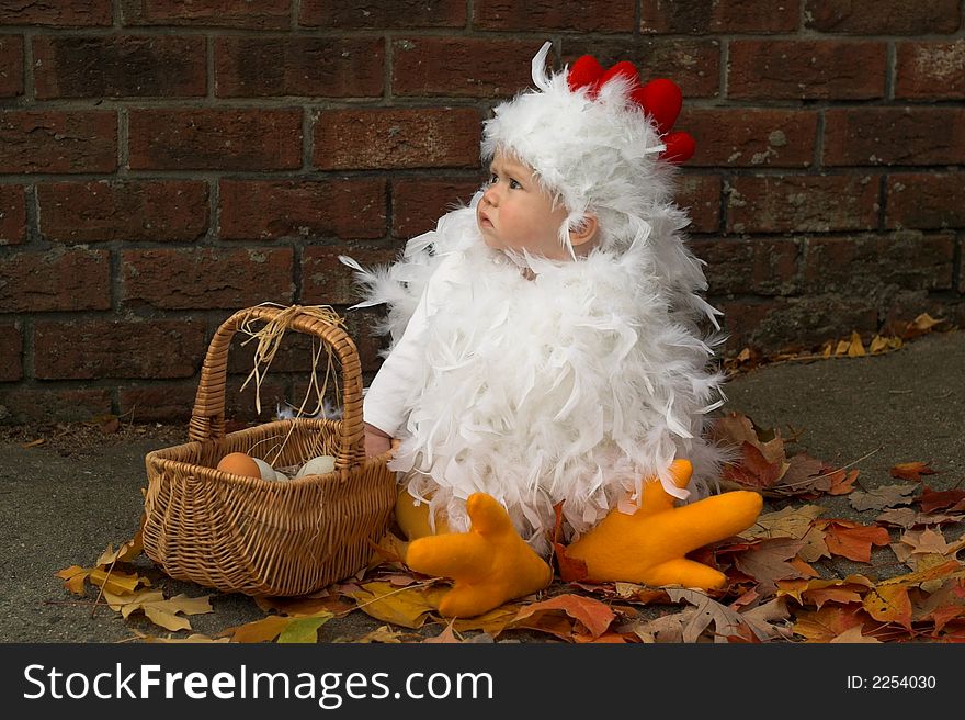 Image of baby wearing a chicken costume, sitting next to a basket of eggs. Image of baby wearing a chicken costume, sitting next to a basket of eggs