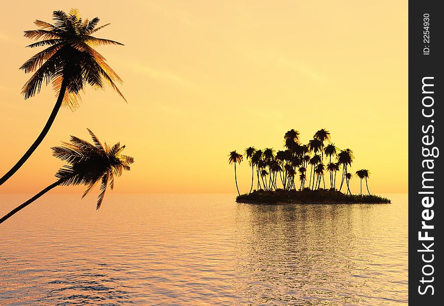 Sunset coconut palm trees and  small  island - 3d illustration. Sunset coconut palm trees and  small  island - 3d illustration.