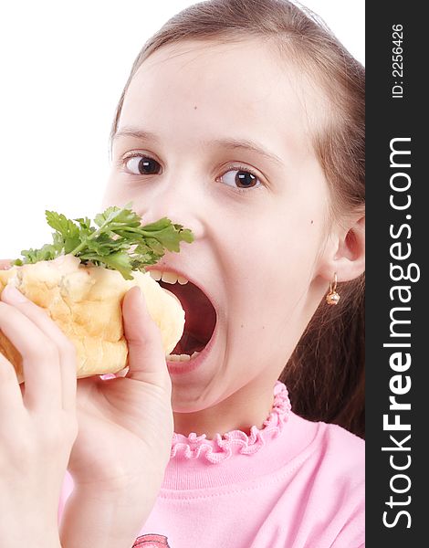 Beautiful kid with hot dog. Shot in studio. Isolated on white. Beautiful kid with hot dog. Shot in studio. Isolated on white.