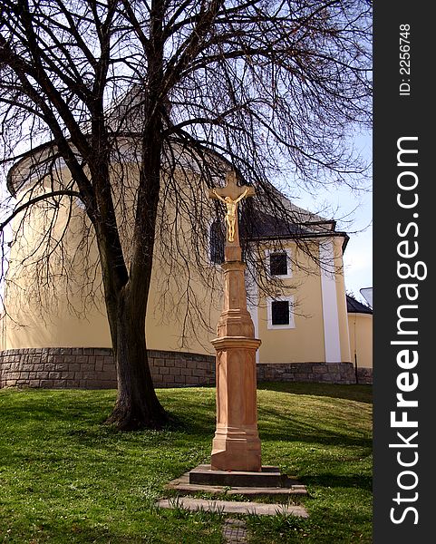 Back view at church with two
tower and crucifix. Back view at church with two
tower and crucifix