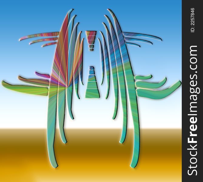 Abstract composition. The stylized image of the dancing pair on a background of desert.