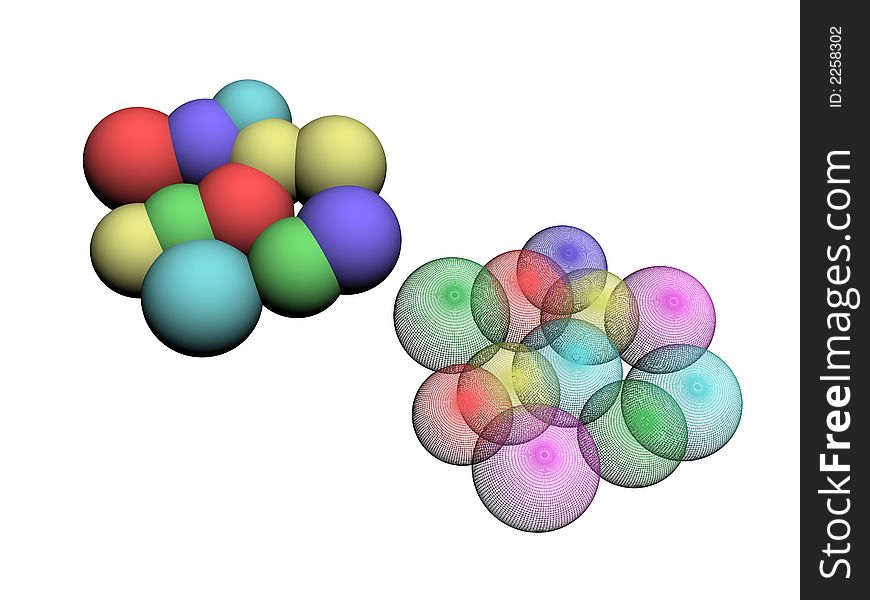 Two groups of abstract varicoloured balls and covered a net on a white background. Two groups of abstract varicoloured balls and covered a net on a white background