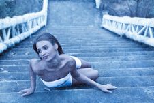 Fabulous Woman Lying On Icy Stairs Stock Photography Fabulous Woman Lying On Icy Stairs Stock Photography