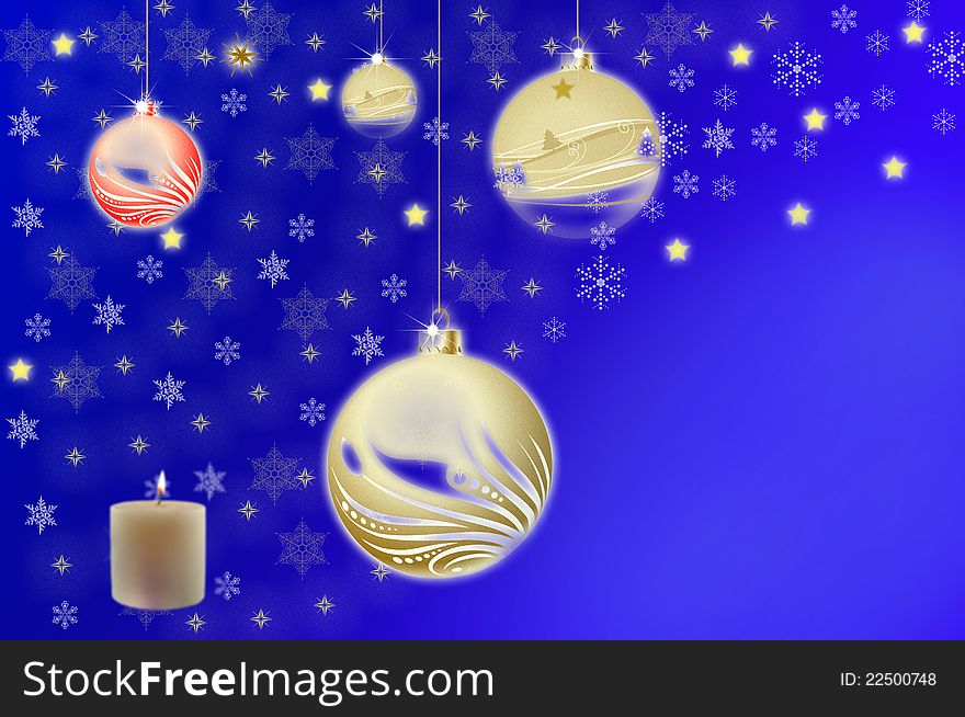 Red; yellow; balls, cone spruce, ice and sprigs to decorate and candles burning for Christmas, against a blue background. Red; yellow; balls, cone spruce, ice and sprigs to decorate and candles burning for Christmas, against a blue background