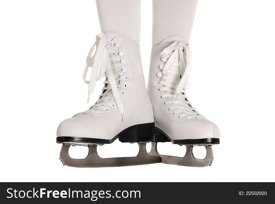 Girl Legs in Ice Skates on White Background