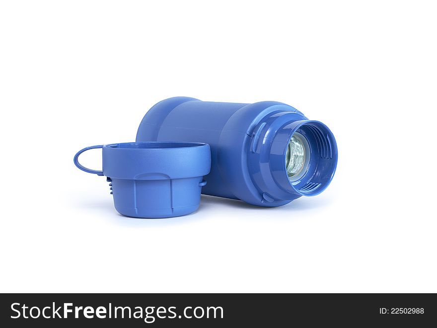 Open modern blue thermos on white background. Clipping path is included. Open modern blue thermos on white background. Clipping path is included