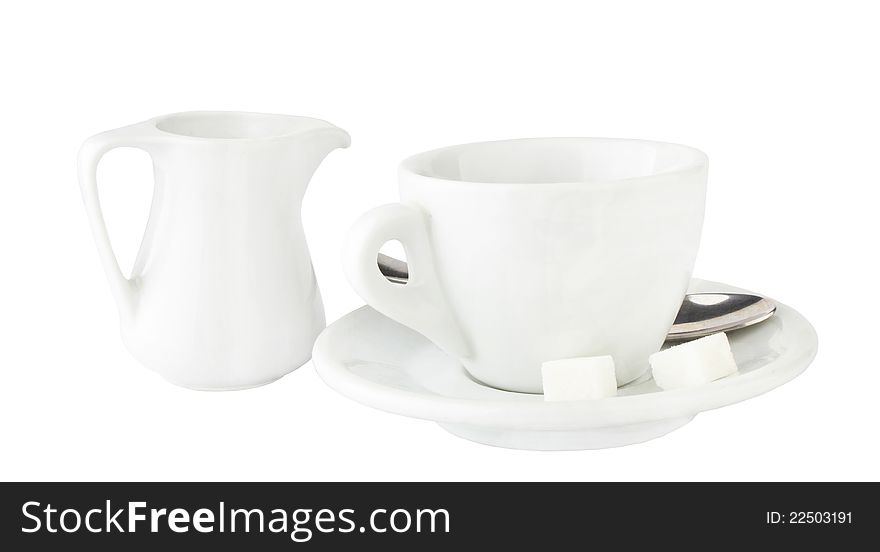 Milk jug and cup of coffee isolated on white. Milk jug and cup of coffee isolated on white