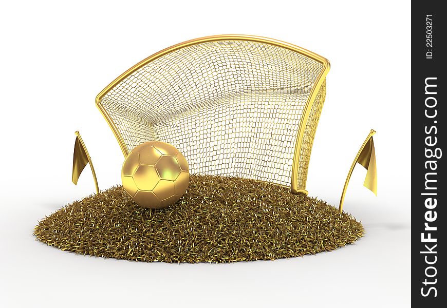 3D Concept Golden Football and Gate. 3D Concept Golden Football and Gate
