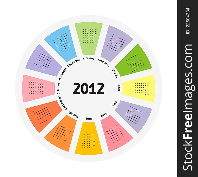 Circular design of colorful calendar for 2012.Week starts on sunday.