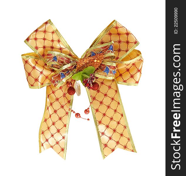 Gold gift ribbon and bow on white background with clipping path