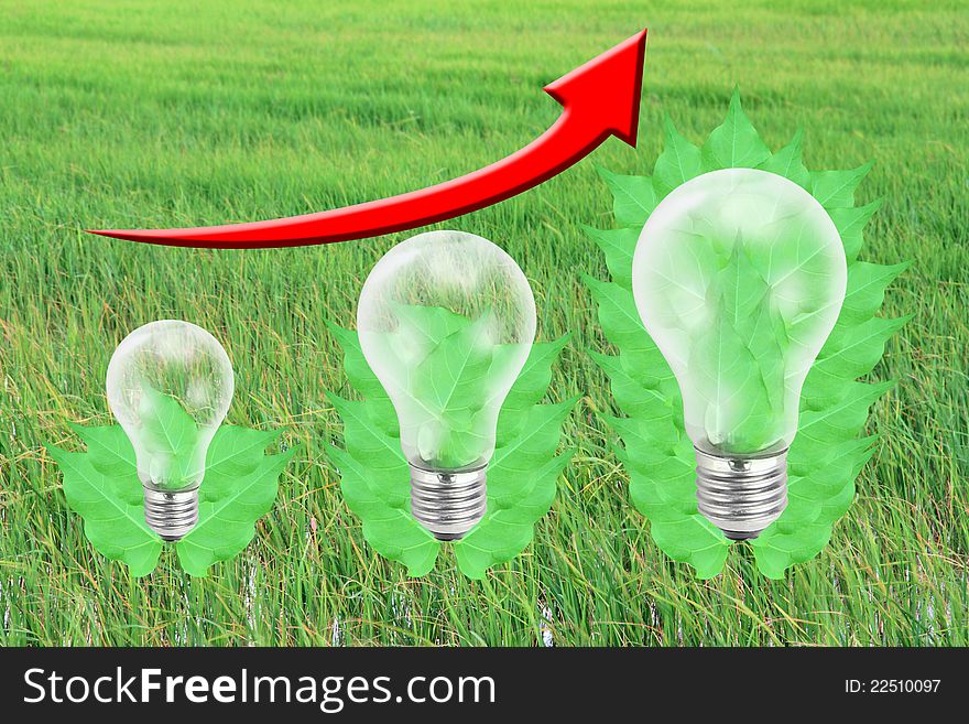 Green leaf with light bulb, rice field background.