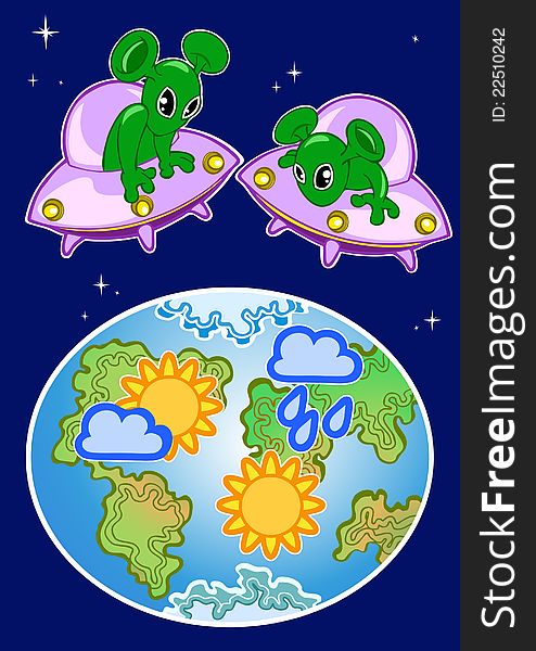 The illustration shows the space aliens who are watching the weather on planet Earth.Illustration done in cartoon style, on separate layers. The illustration shows the space aliens who are watching the weather on planet Earth.Illustration done in cartoon style, on separate layers.