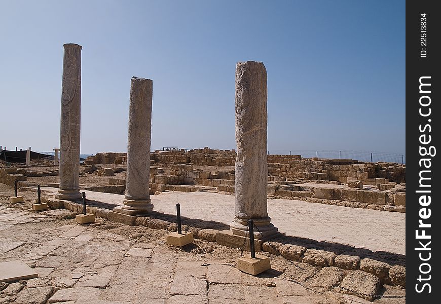 National park old city of Caesarea Israel details of marble columns. National park old city of Caesarea Israel details of marble columns