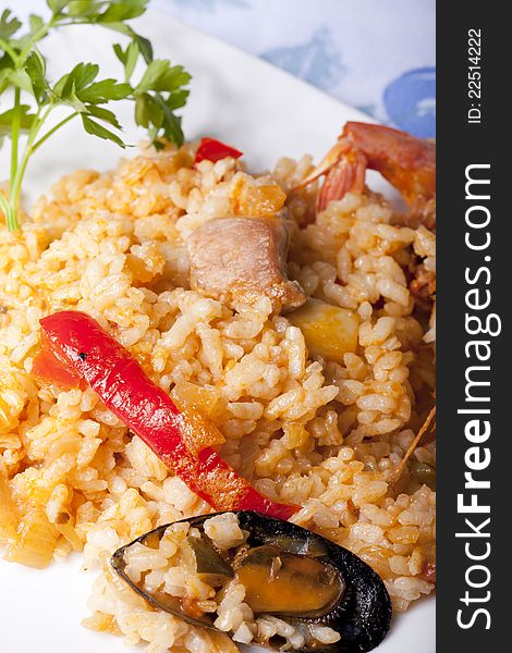 Dish of paella rice with prawns and chunks of meat