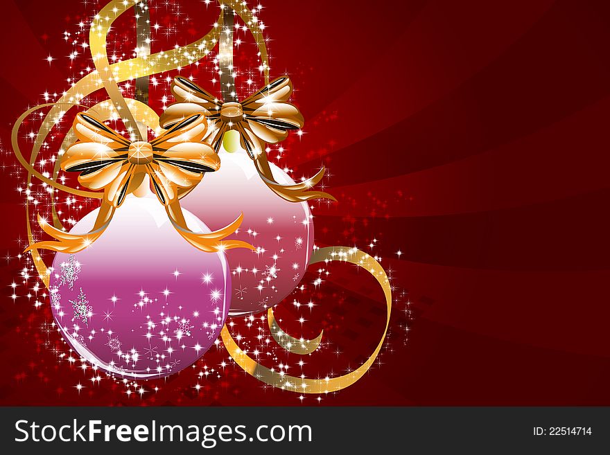 Illustration of Christmas balls and golden ribbons background