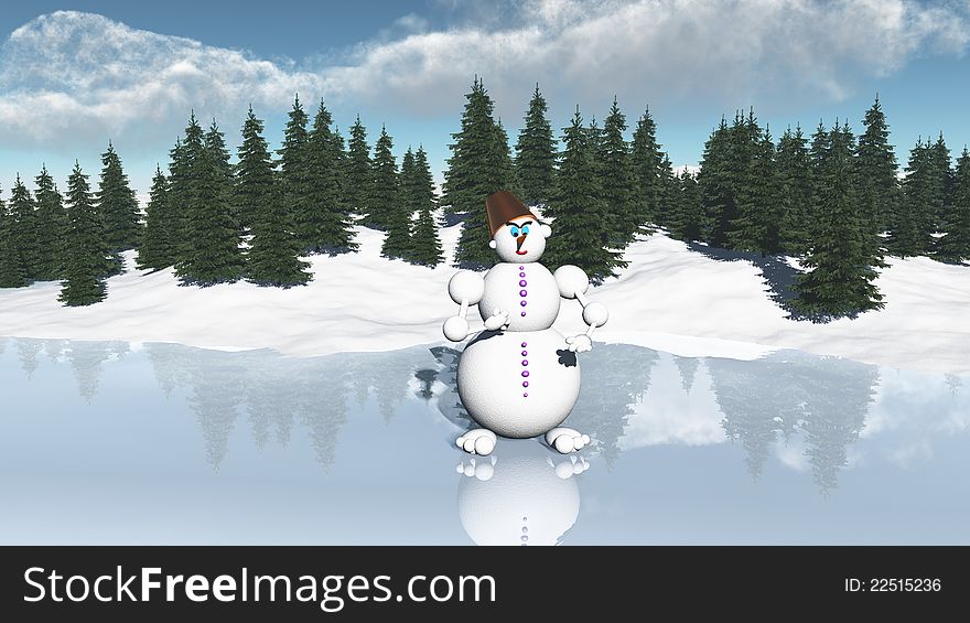 Snowman on a frozen lake in the forest. Snowman on a frozen lake in the forest