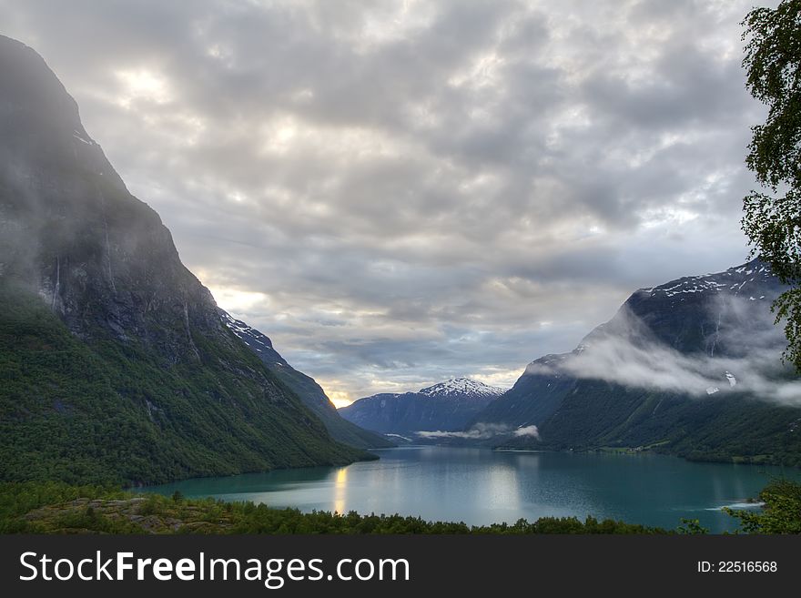 Beauyiful summer evening near lake Lovatnet in Jostedalsbreen national park, Norway. Beauyiful summer evening near lake Lovatnet in Jostedalsbreen national park, Norway