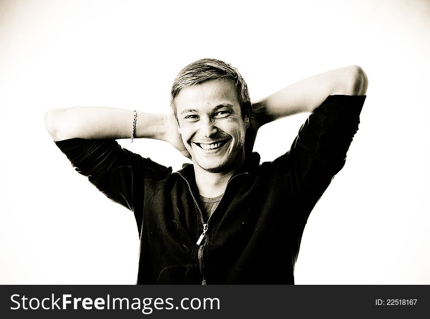 Black and white portrait of man with super smile on white background. Black and white portrait of man with super smile on white background