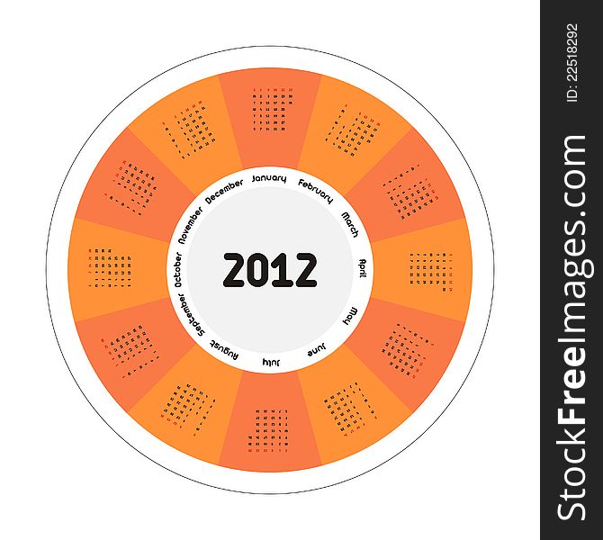 Circular design of colorful calendar for 2012.Week starts on sunday.