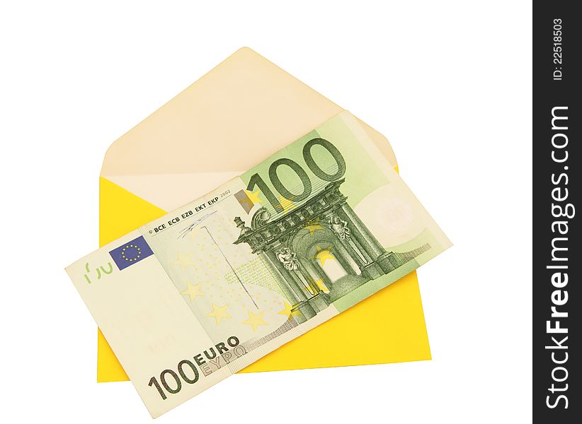 Yellow envelope with one hundred euro bills.