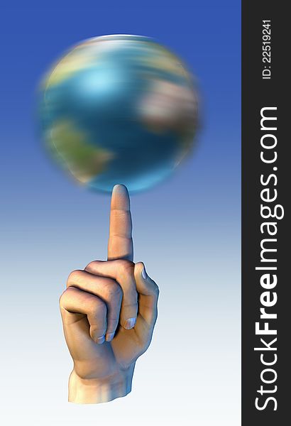 Earth globe spinning over a finger