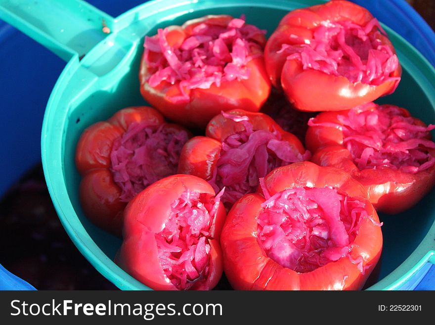 Bell Pepper Stuffed With Pickled Red Cabbage