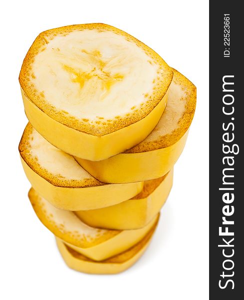 Pile of cut banana on white background