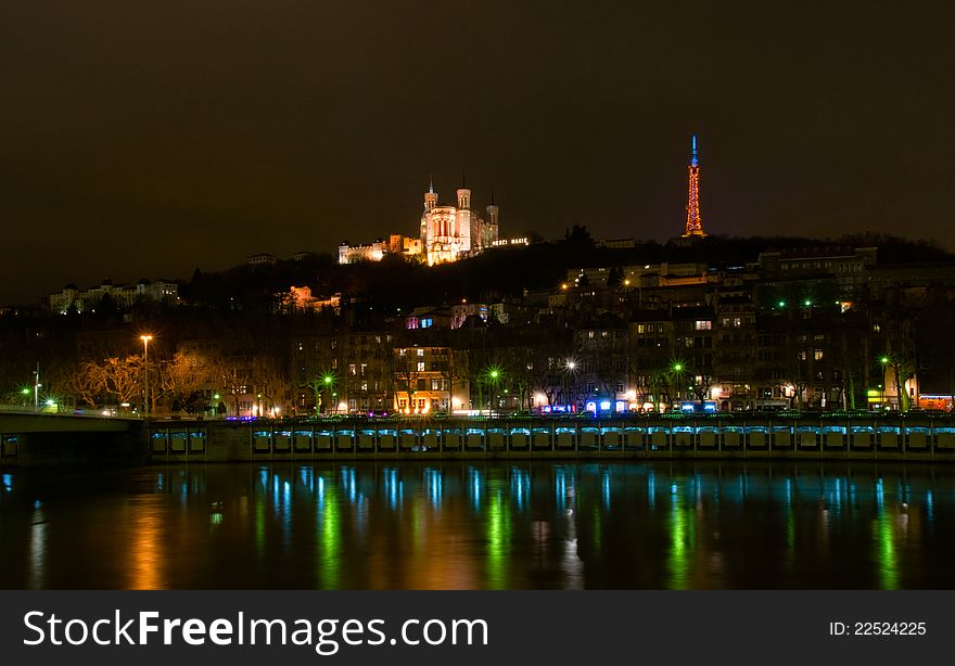 Sunset in Lyon, view to Notre Dame de Forviere. Sunset in Lyon, view to Notre Dame de Forviere