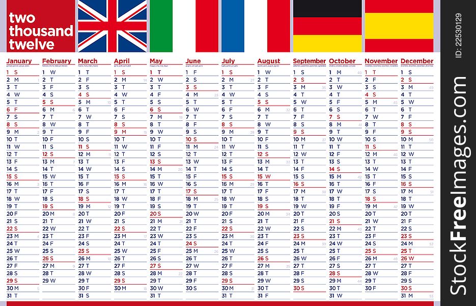 English big poster calendar 2012 european style with different country flags. English big poster calendar 2012 european style with different country flags