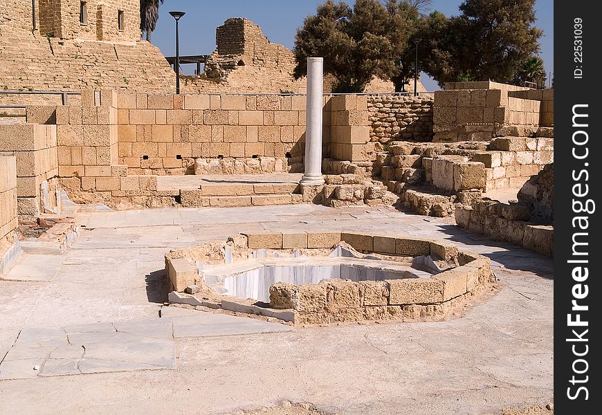 The old city of Caesarea Israe details of a marble public hot bath