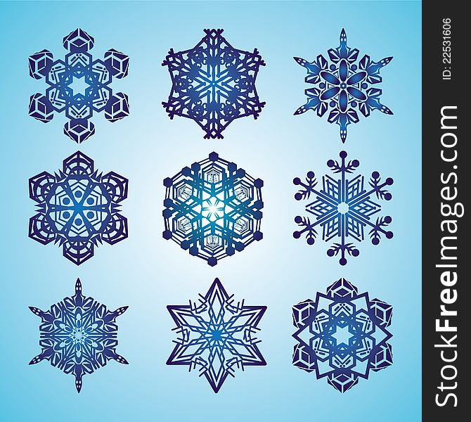 9 blue snowflakes on a blue background