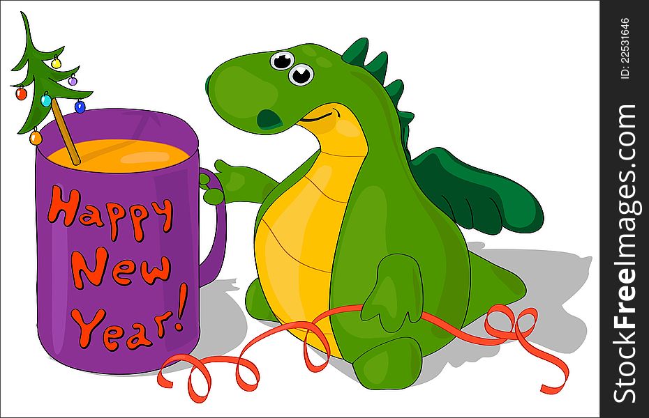 The little dragon with a mug Happy New Year! with еру tree and decoration. The little dragon with a mug Happy New Year! with еру tree and decoration.