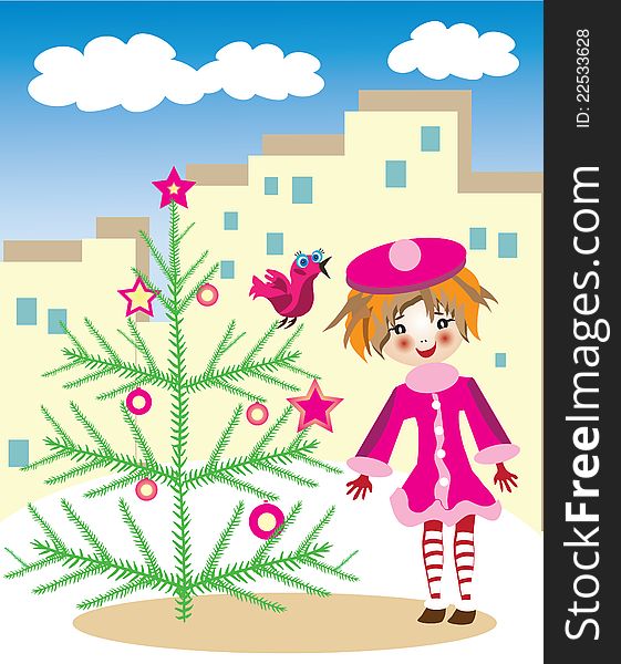 Vector illustration of adorable little girl in pink winter coat staying near New Year tree in the city street and looking at small bird. Vector illustration of adorable little girl in pink winter coat staying near New Year tree in the city street and looking at small bird