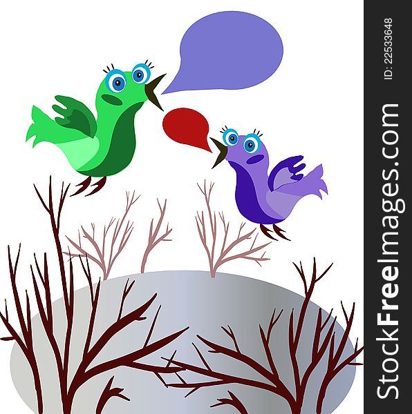 Vector illustration of two funny birds in garden speaking with each other. Vector illustration of two funny birds in garden speaking with each other